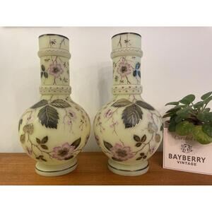 Pair Antique Uranium Glass Vases 39cm Satin Enamel Florals Att. Poschinger UV